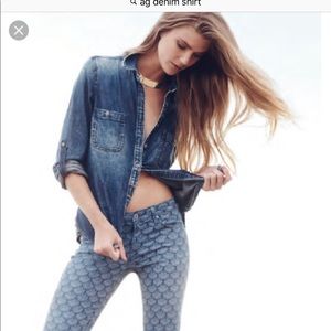 AG distressed denim shirt.